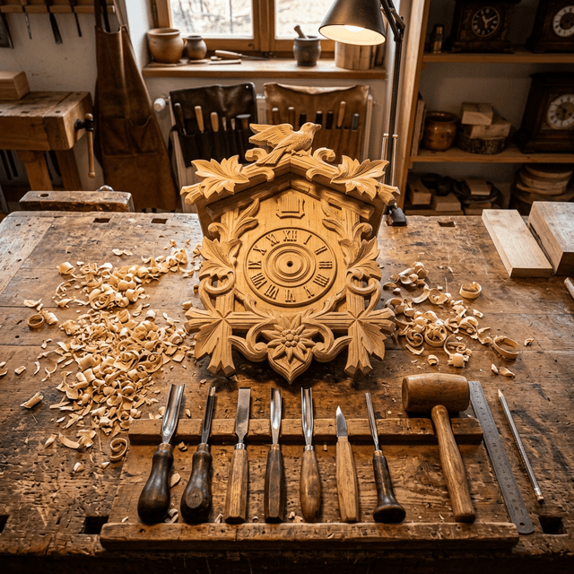 Master woodcarver's workbench with cuckoo clock and tools